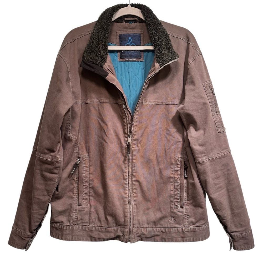 Prana Men’s Bronson brown grey canvas utility quilted lined coat, size Large